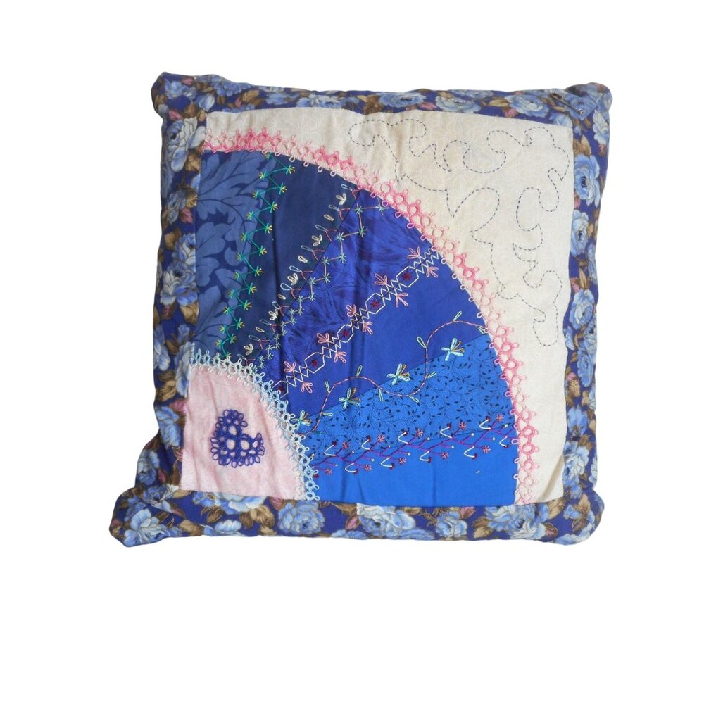 Quilted Blue Rose Embroidered Tatted Fan pattern Throw Pillow - Estate Find